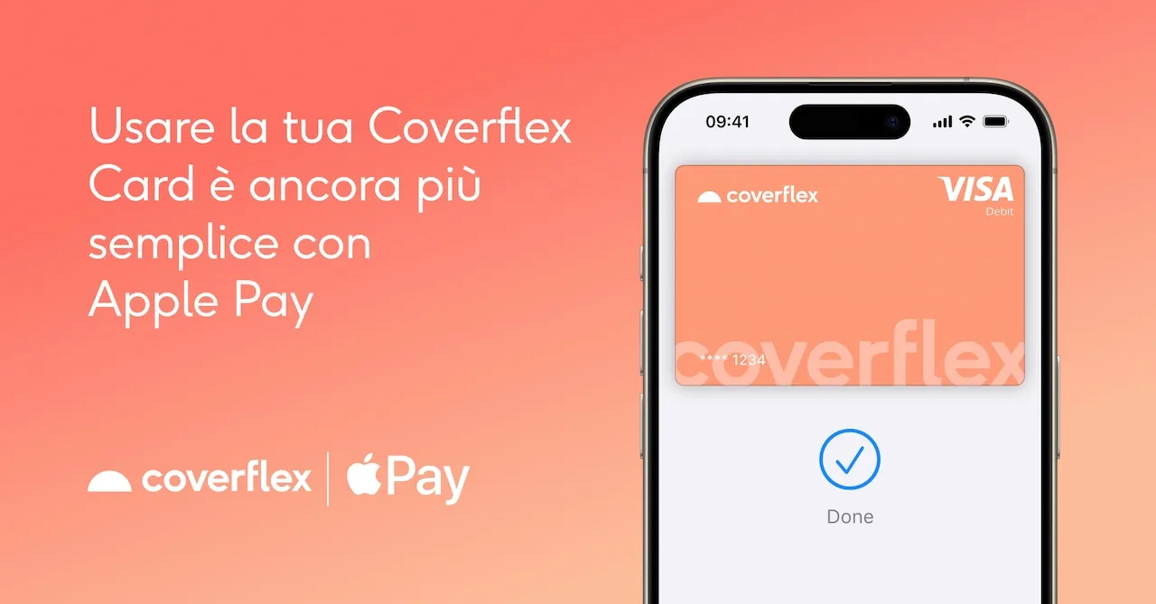 Schermata iPhone con Coverflex Card aggiunta ad Apple Pay confermata da segno di spunta e testo promozionale su sfondo corallo sfumato