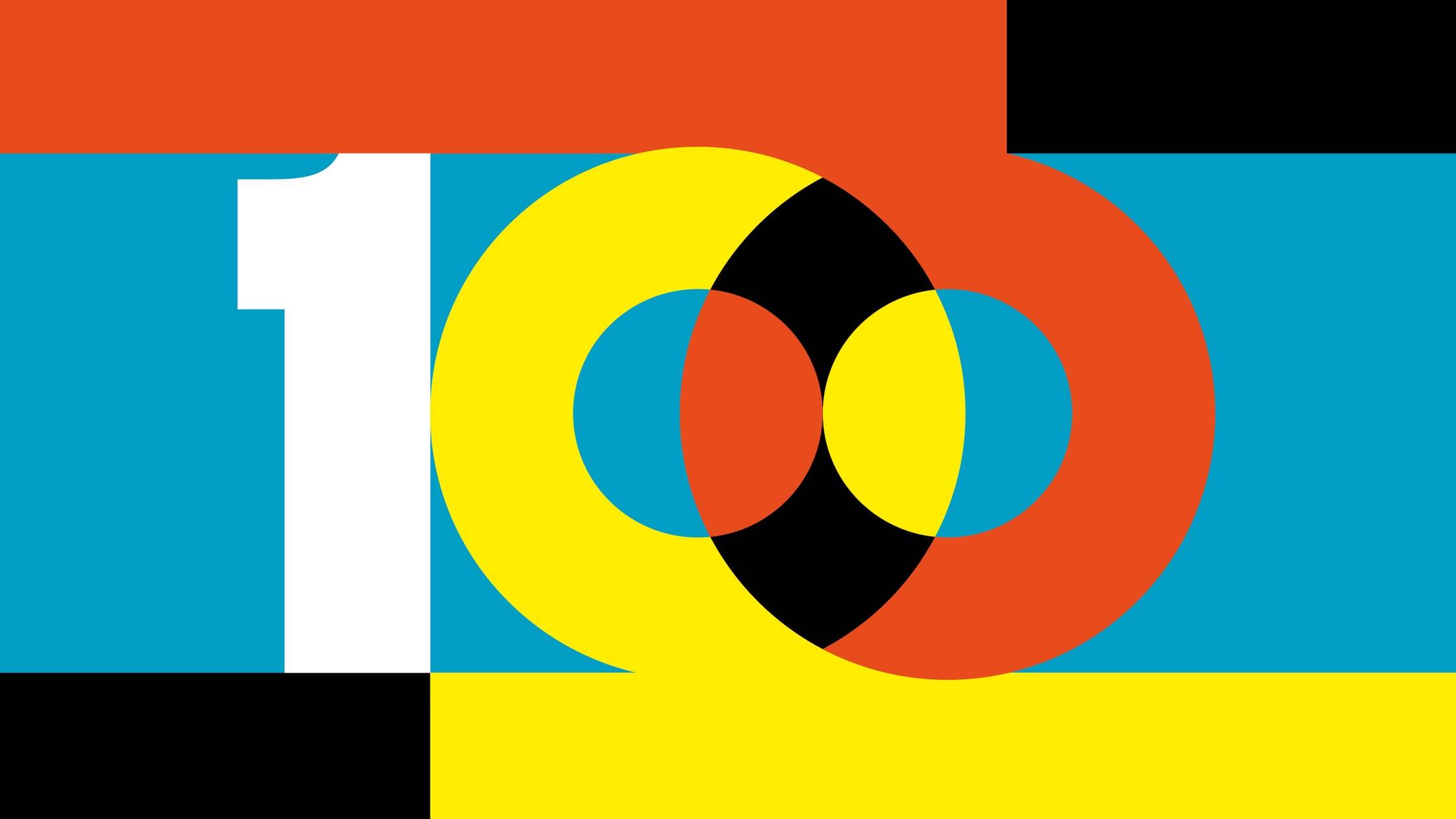 Grafica astratta con il numero cento composto da forme circolari e rettangolari sovrapposte nei colori bianco, giallo, rosso, nero e azzurro