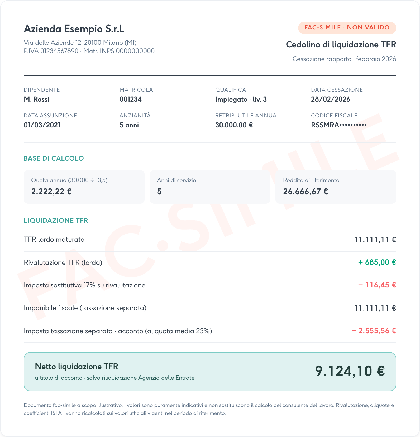 Fac-simile busta paga con liquidazione TFR