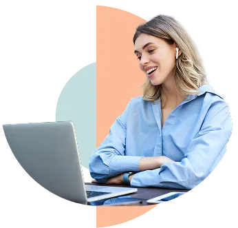 Woman smiling and wearing earbuds while looking at a laptop with blue and peach abstract shapes in the background.