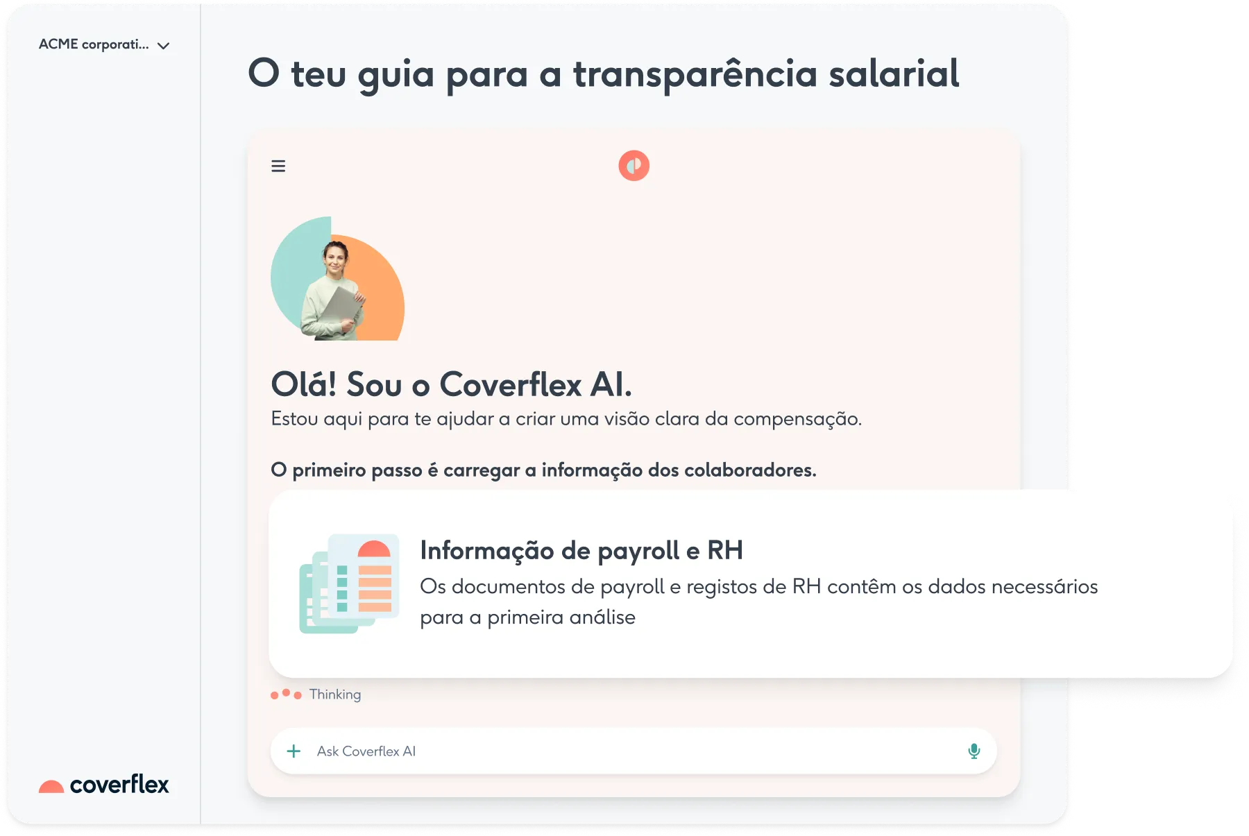Dashboard welcome screen showing payroll and HR data upload instructions with sidebar menu options.