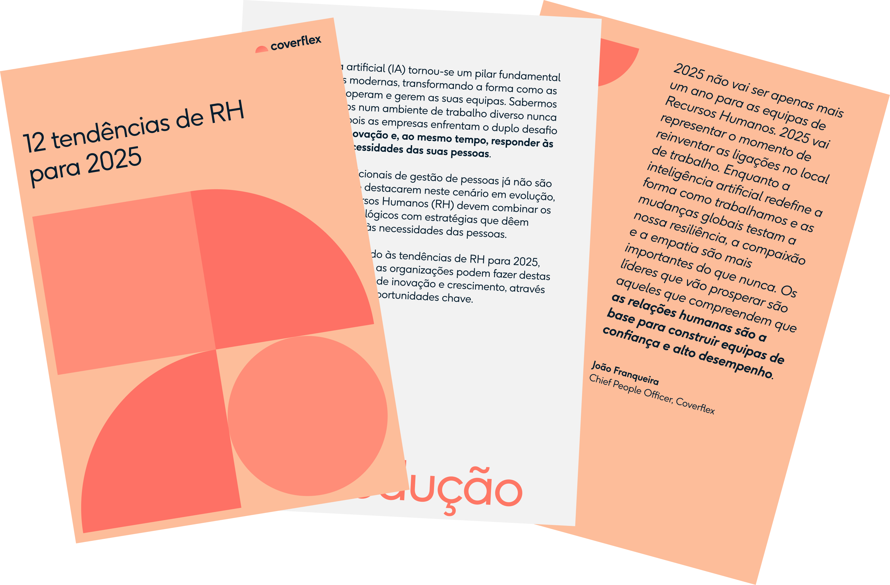 Três folhas diagonais mostram o relatório da Coverflex 12 tendências de RH para 2025; a capa exibe formas geométricas, enquanto as outras páginas têm textos sobre IA, relações humanas e liderança no futuro do trabalho