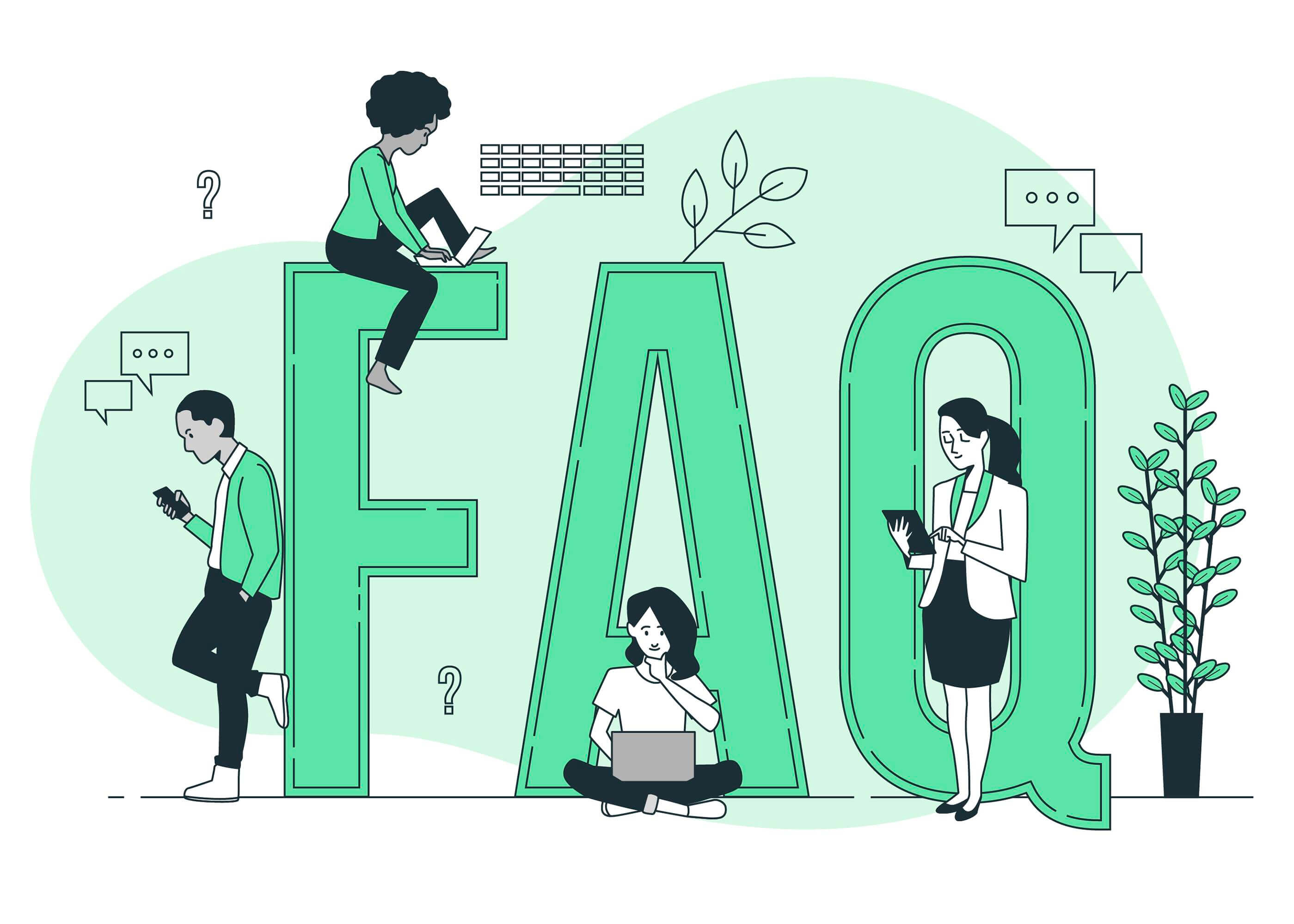 Ilustração de estilo moderno com as letras gigantes FAQ onde quatro pessoas interagem em smartphones portátil e tablet entre ícones de conversa e plantas simbolizando pesquisa de respostas em perguntas frequentes