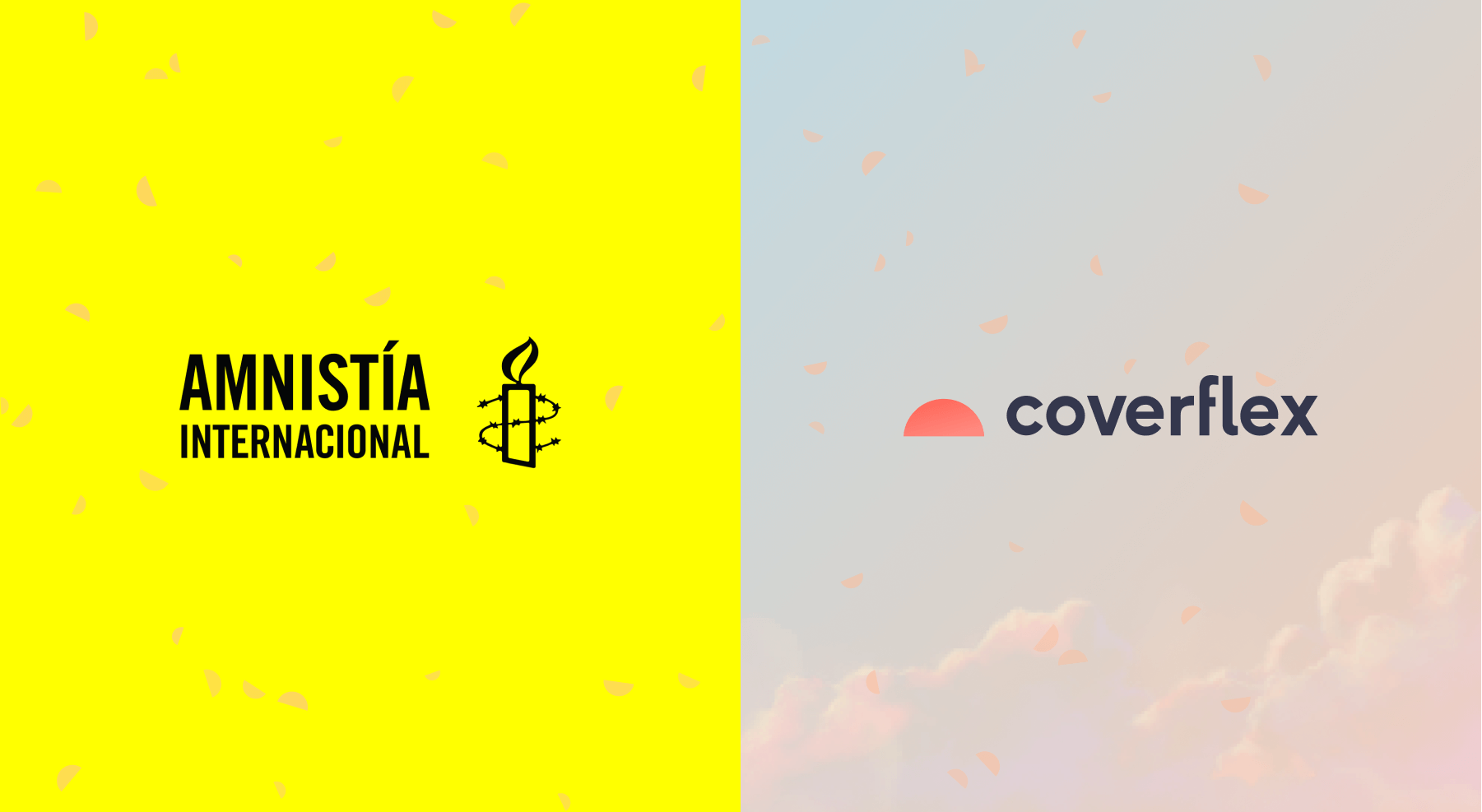 Painel partido ao meio: à esquerda fundo amarelo com texto Amnistía Internacional e vela enrolada em arame farpado, à direita fundo cinzento com o nome e símbolo da Coverflex