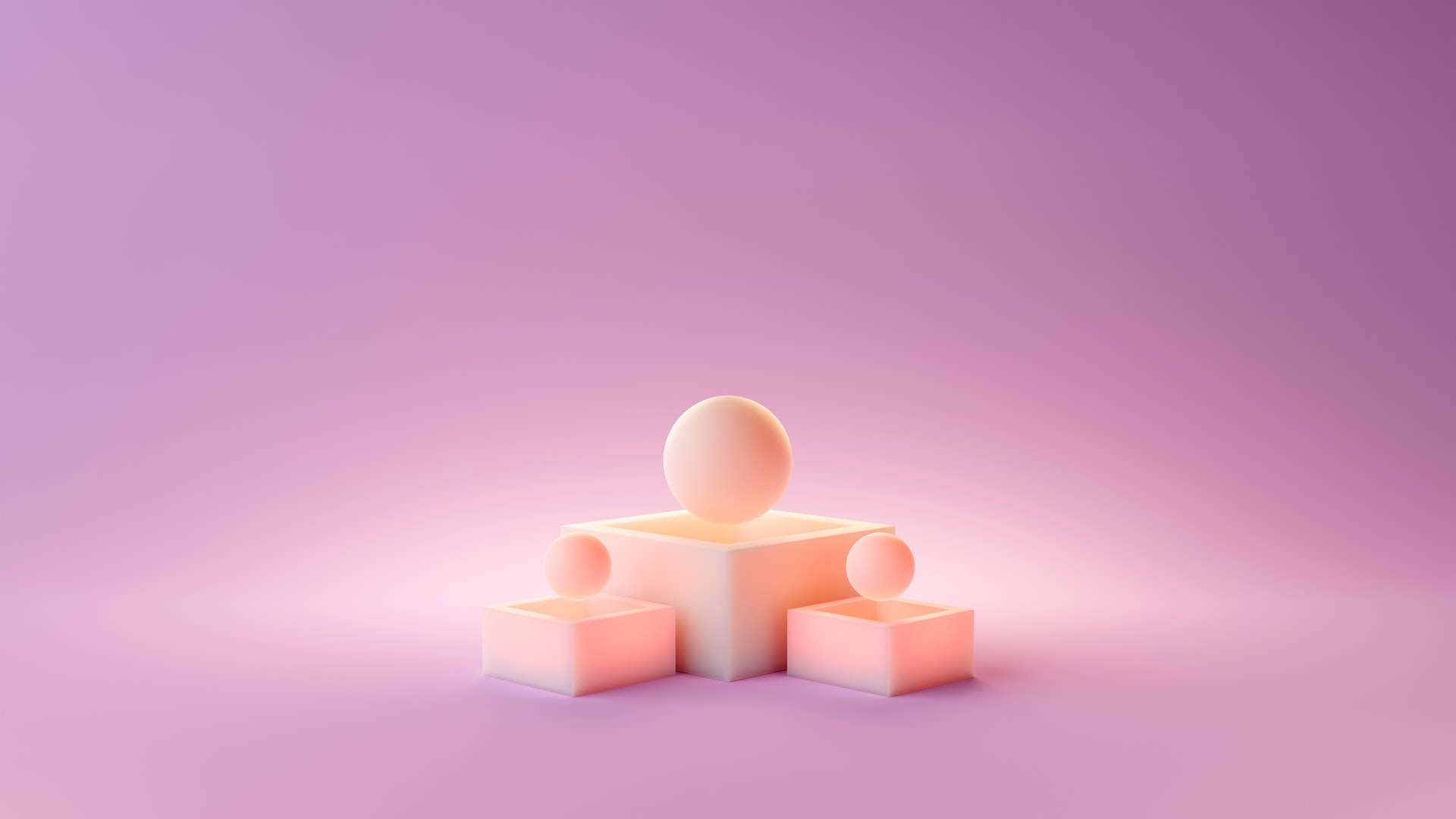 figura conceptual 3d com tres cubos e tres esferas num fundo rosa