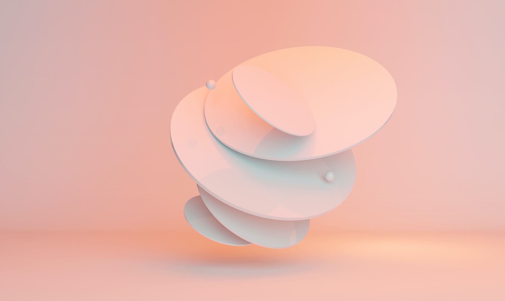renderização 3D minimalista de discos ovais translúcidos flutuando sobre fundo degradê pêssego com duas pequenas esferas