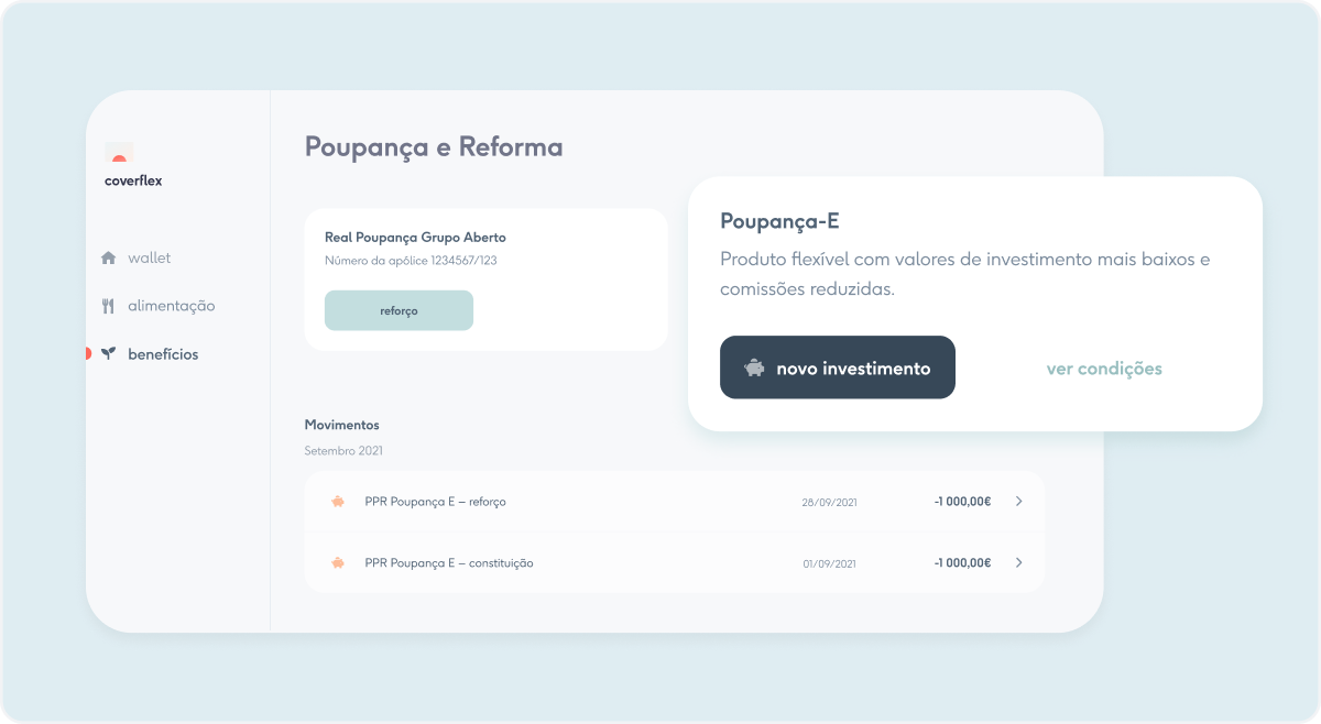 Painel Coverflex Poupança e Reforma com cartão Poupança-E para novo investimento
