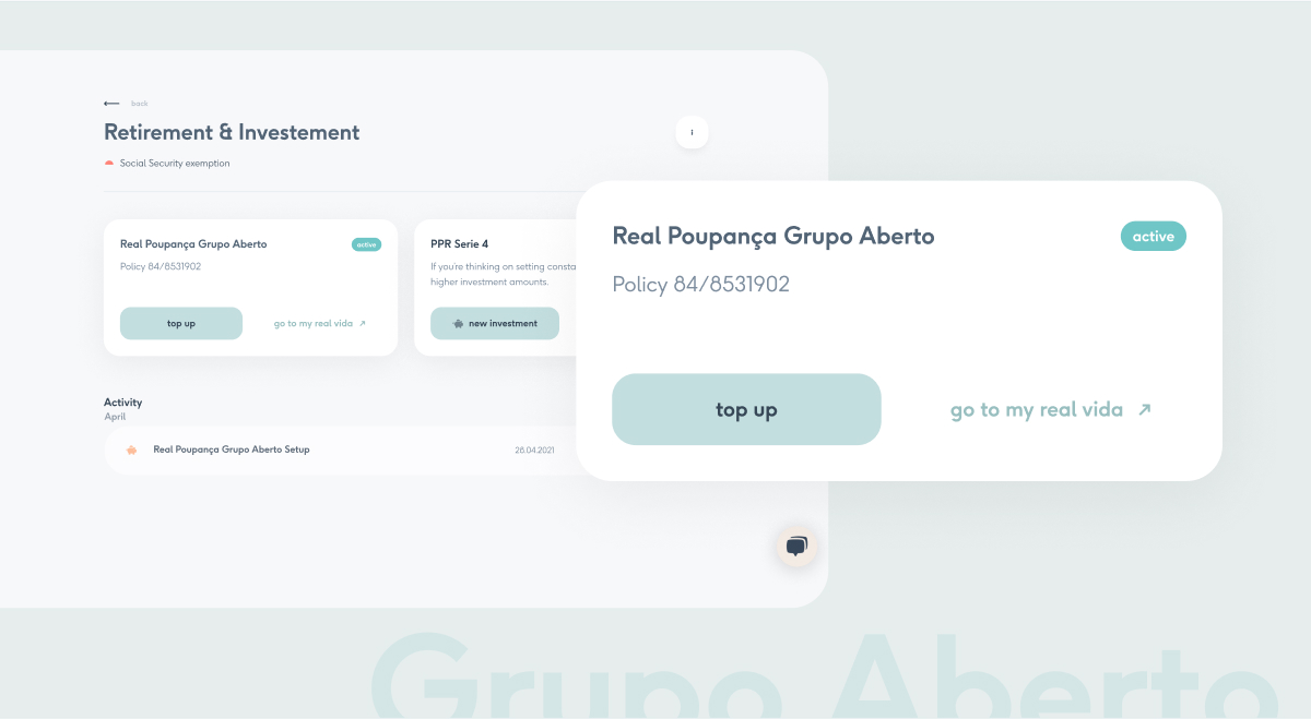 Interface Retirement & Investment com dois cartões de produto, Real Poupança Grupo Aberto ativo policy 84/8531902 com botão top up e link para real vida, PPR Serie 4 com opção new investment e histórico de setup em abril