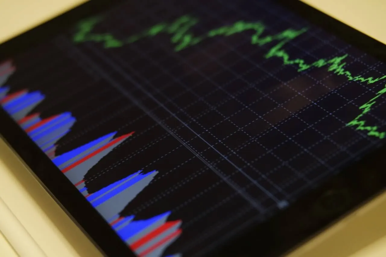 Closeup of a tablet displaying a financial dashboard with a fluctuating green line chart on a dark grid and multicolored red gray and blue histogram bars
