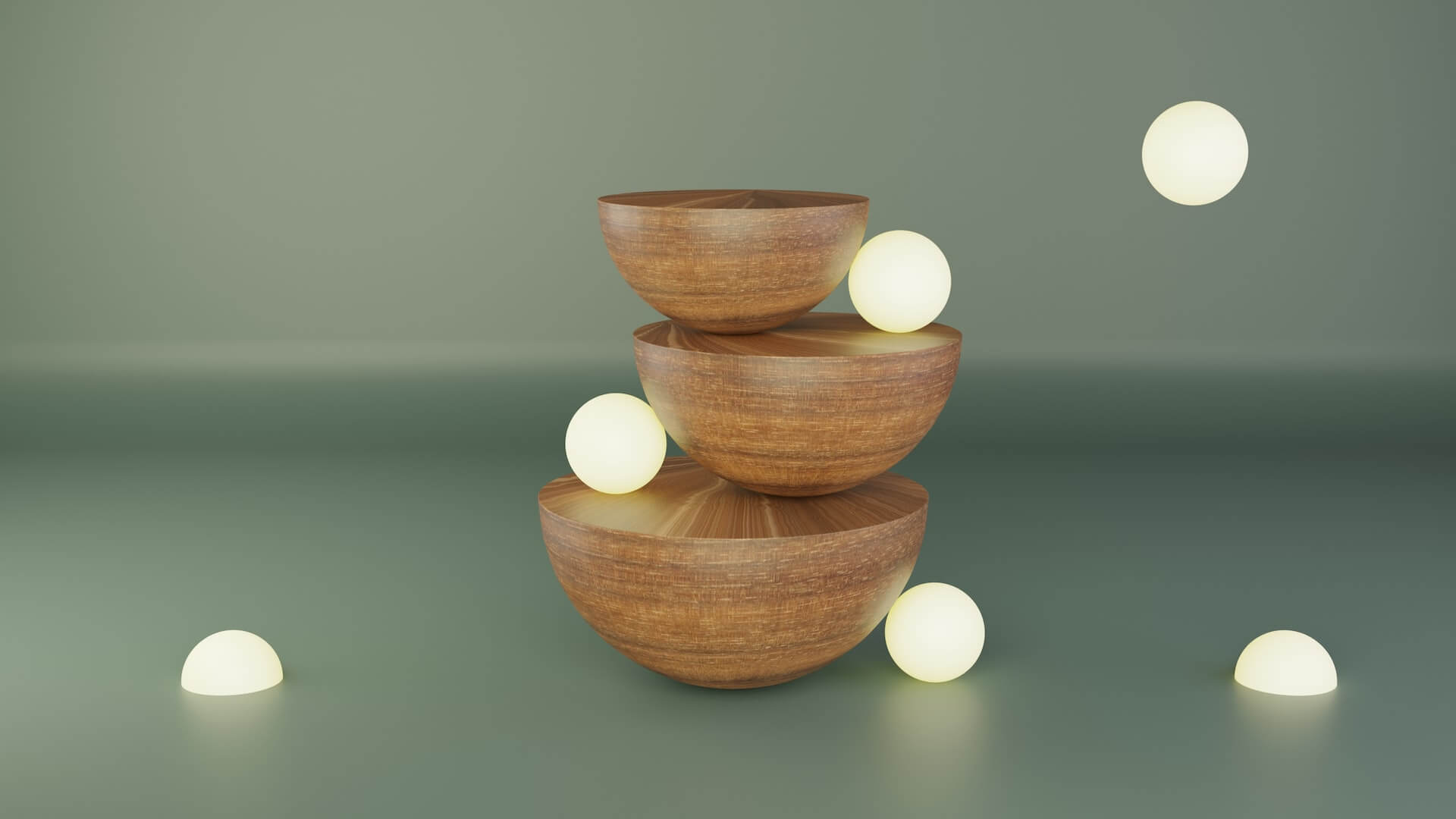 Three wooden half bowls stacked in a pyramid arrangement on a greenish background, surrounded by several soft glowing yellow spheres resting on and beside the bowls in a minimalist 3D scene