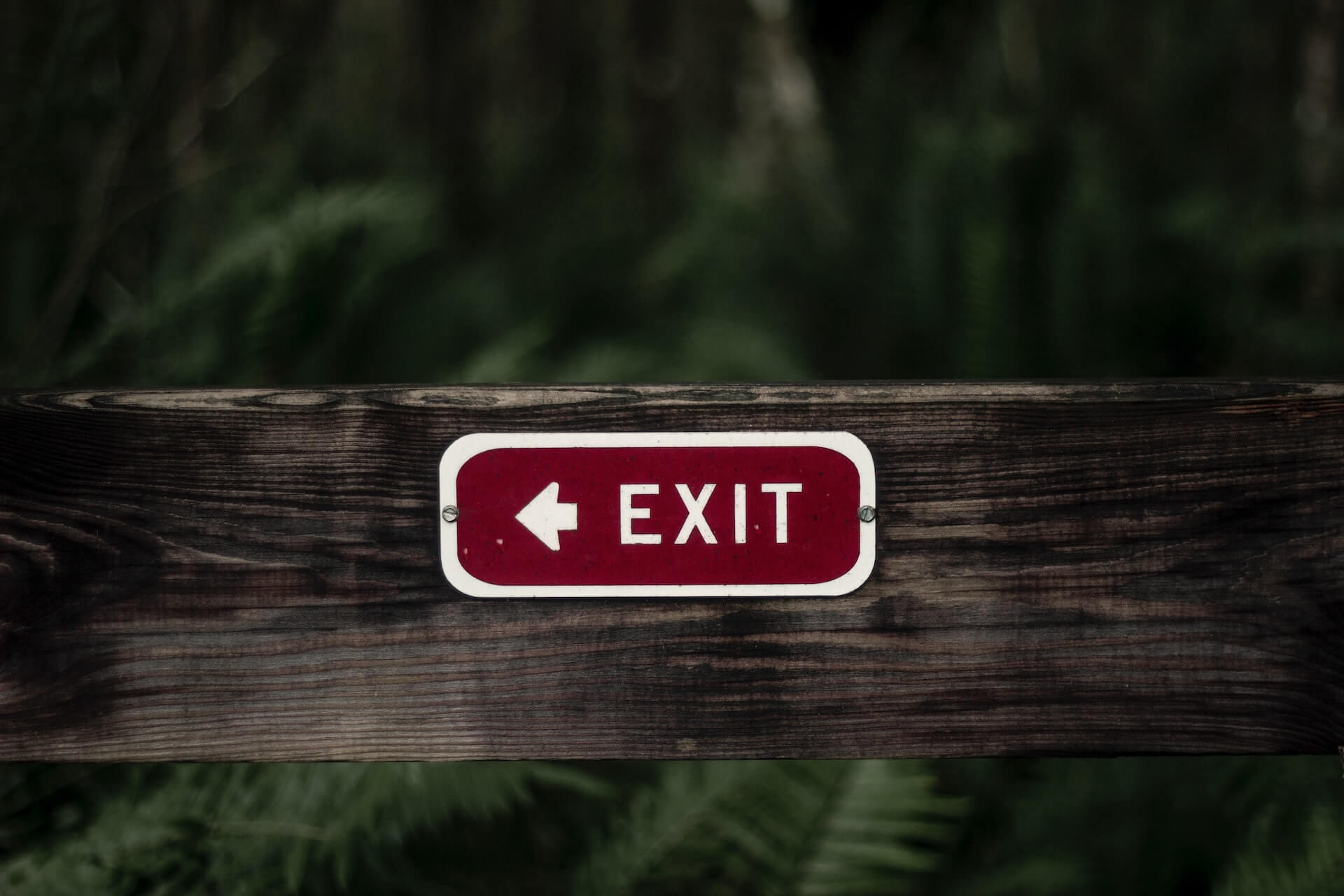close up of red white exit sign with arrow pointing left mounted on dark wooden plank with blurred greenery background