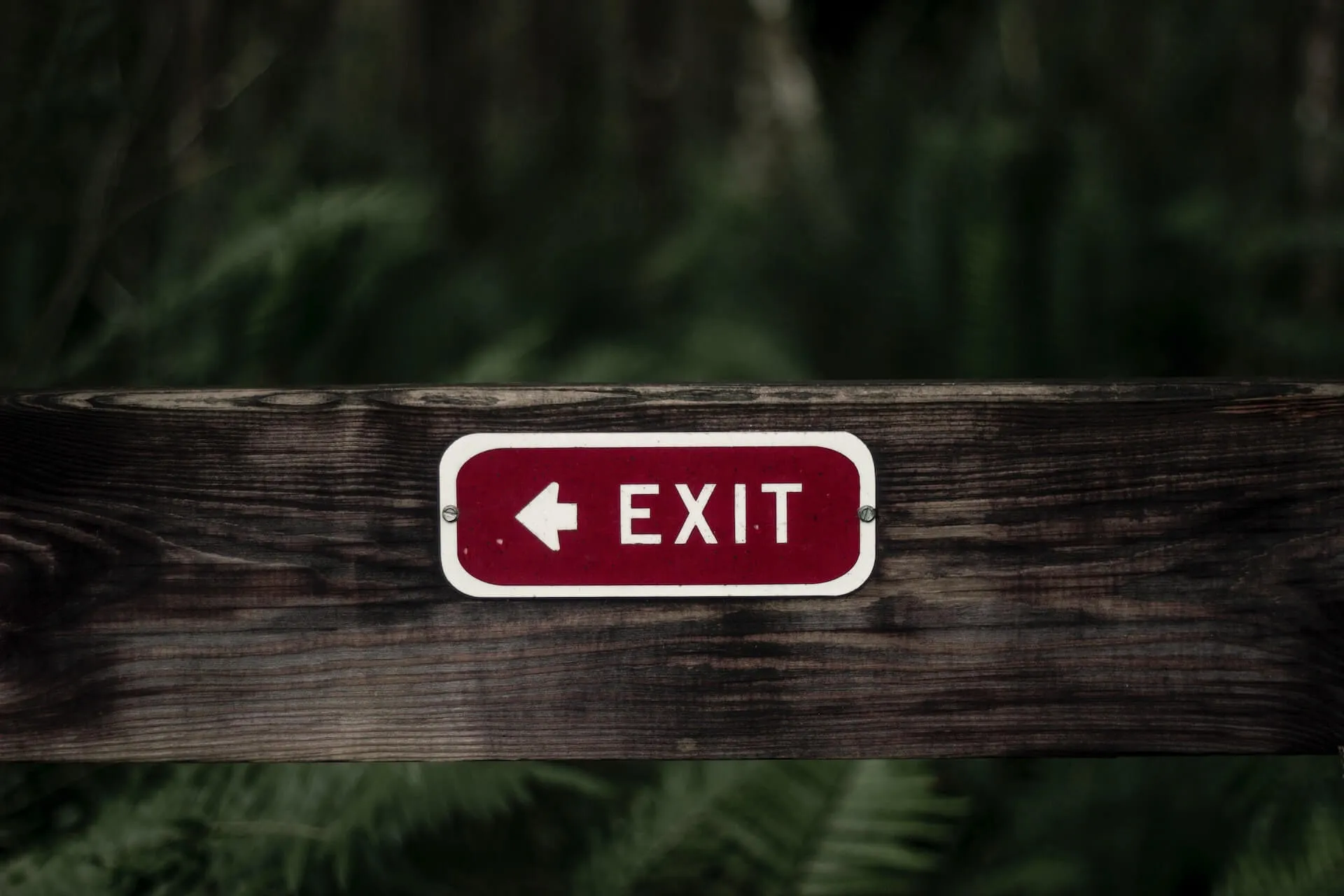close up of red white exit sign with arrow pointing left mounted on dark wooden plank with blurred greenery background