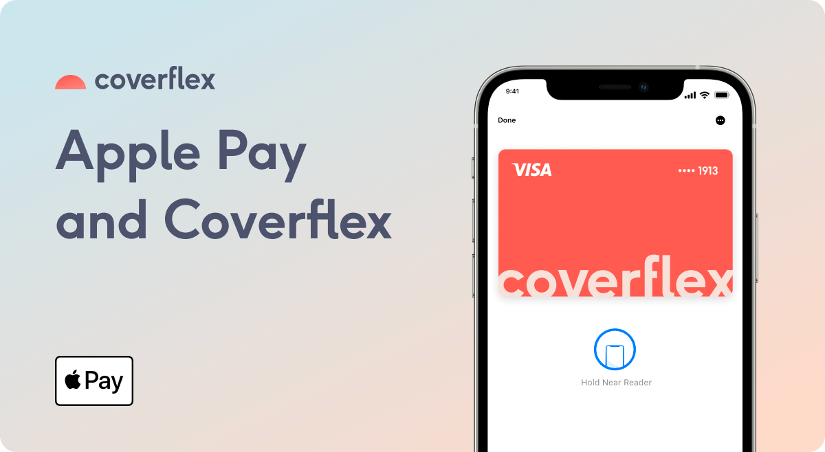 Soft gradient background with Coverflex logo and text Apple Pay and Coverflex on left, Apple Pay badge below, and an iPhone on right showing a coral Coverflex Visa card in Apple Wallet with hold near reader icon