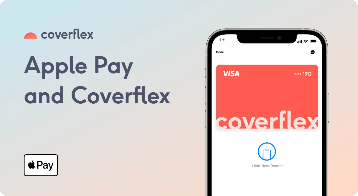 Soft gradient background with Coverflex logo and text Apple Pay and Coverflex on left, Apple Pay badge below, and an iPhone on right showing a coral Coverflex Visa card in Apple Wallet with hold near reader icon