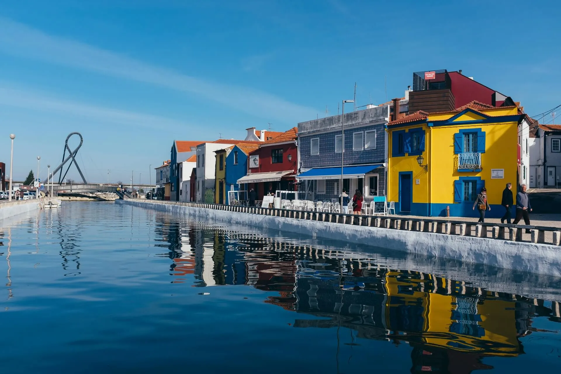 Colorful houses along a calm canal in Aveiro Portugal with reflections in the water and people walking on the quay under a clear blue sky