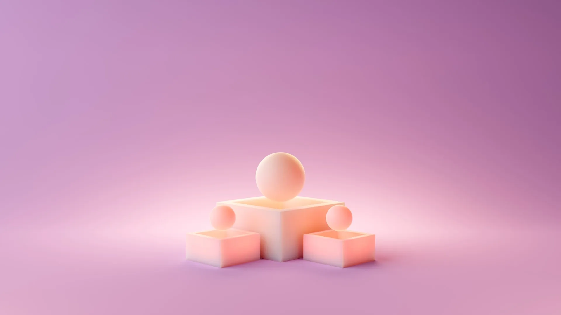 abstract 3D composition on soft pink gradient background featuring a larger central peach colored cube with a sphere perched above and two smaller cubes on each side each holding a matching sphere