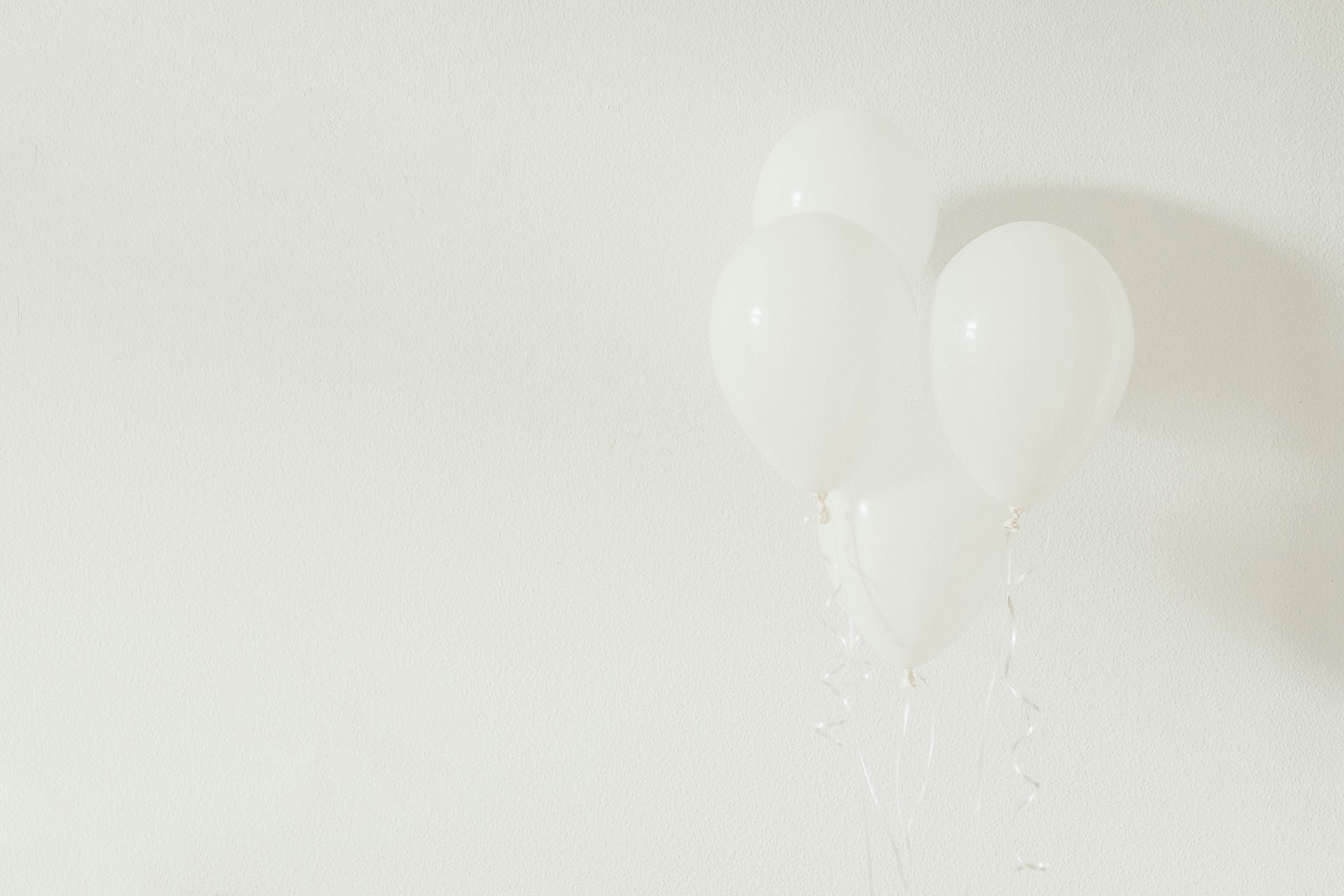 cluster of four white helium balloons with curling ribbons floating next to a white textured wall