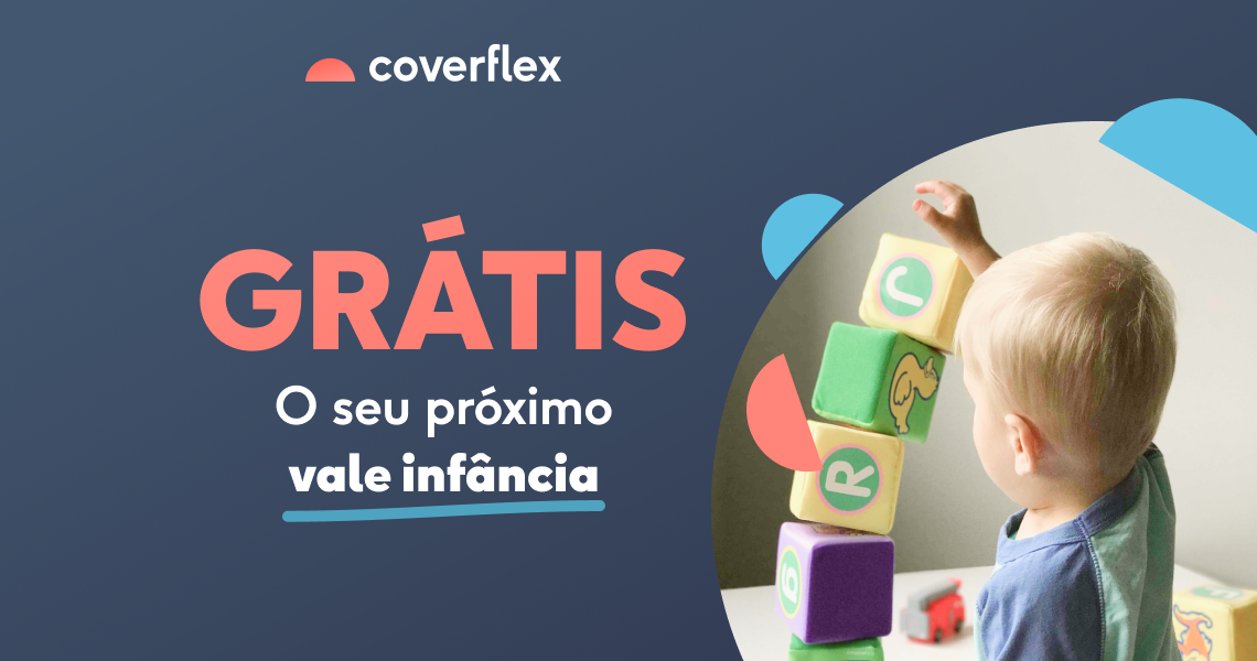 Banner with Coverflex logo and headline Gratis O seu proximo vale infancia on dark blue background and a toddler building a tower of colorful foam blocks with icons