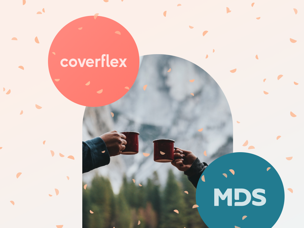 Two hands holding red camping mugs in front of a forest and mountain backdrop, overlaid by a coral circle with the Coverflex logo and a teal circle with the MDS logo