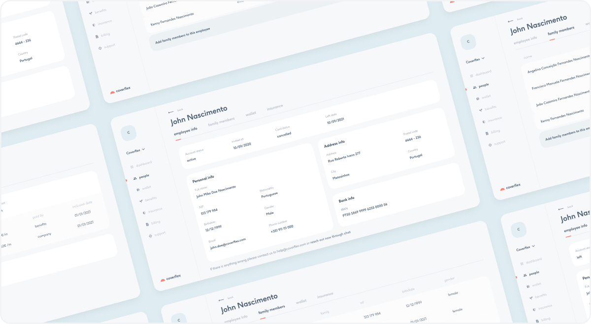 Multiple floating Dashboard screens for Coverflex platform showing an employee profile for John Nascimento with tabs for employee info family members wallet and insurance and panels listing personal details address and bank information