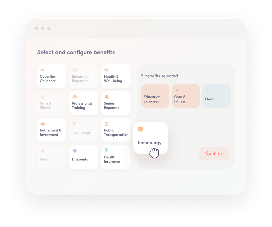Interface titled Select and configure benefits displays multiple benefit cards in a grid, highlights three selected items on right and shows a cursor hovering over the Technology card above a Confirm button