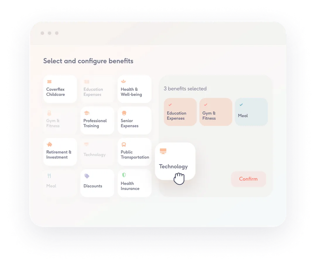 Interface titled Select and configure benefits displays multiple benefit cards in a grid, highlights three selected items on right and shows a cursor hovering over the Technology card above a Confirm button