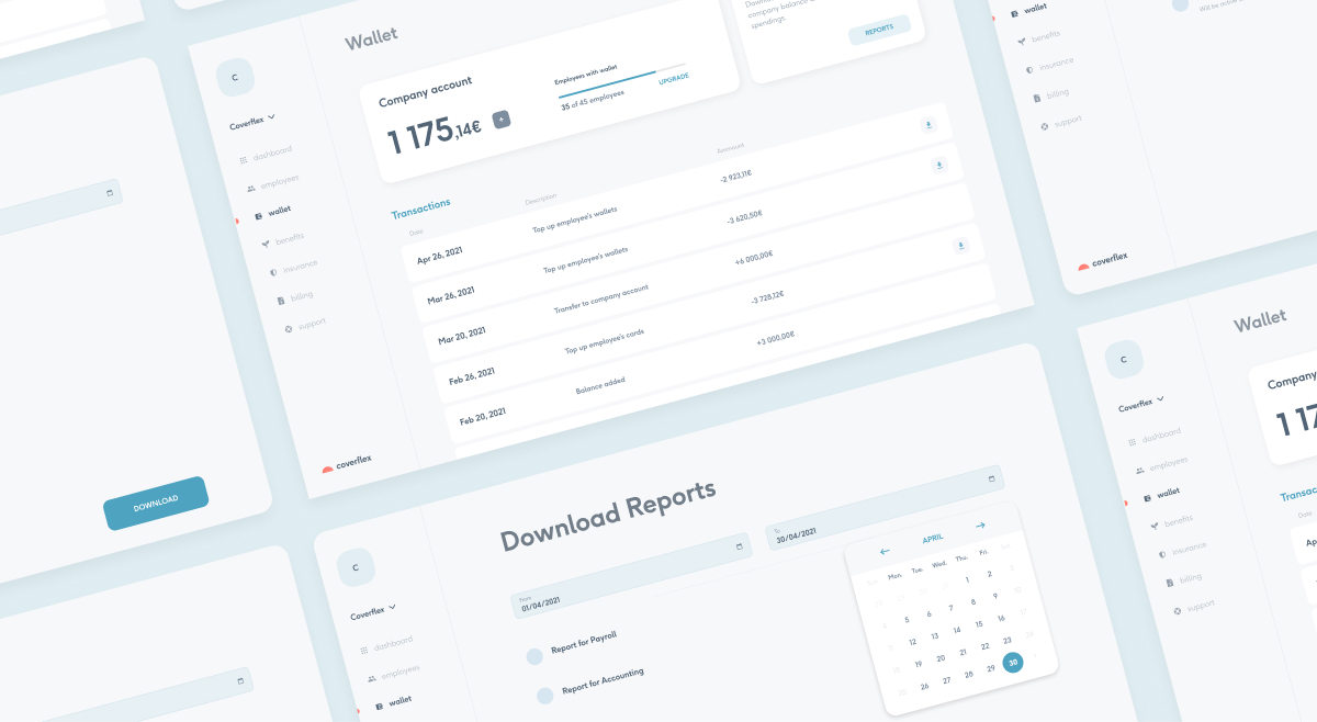 Coverflex Wallet screen displaying a company account balance of 1175.14 €, a table of dated transactions, and a Download Reports interface with date range selectors, payroll vs accounting report options, and a calendar picker