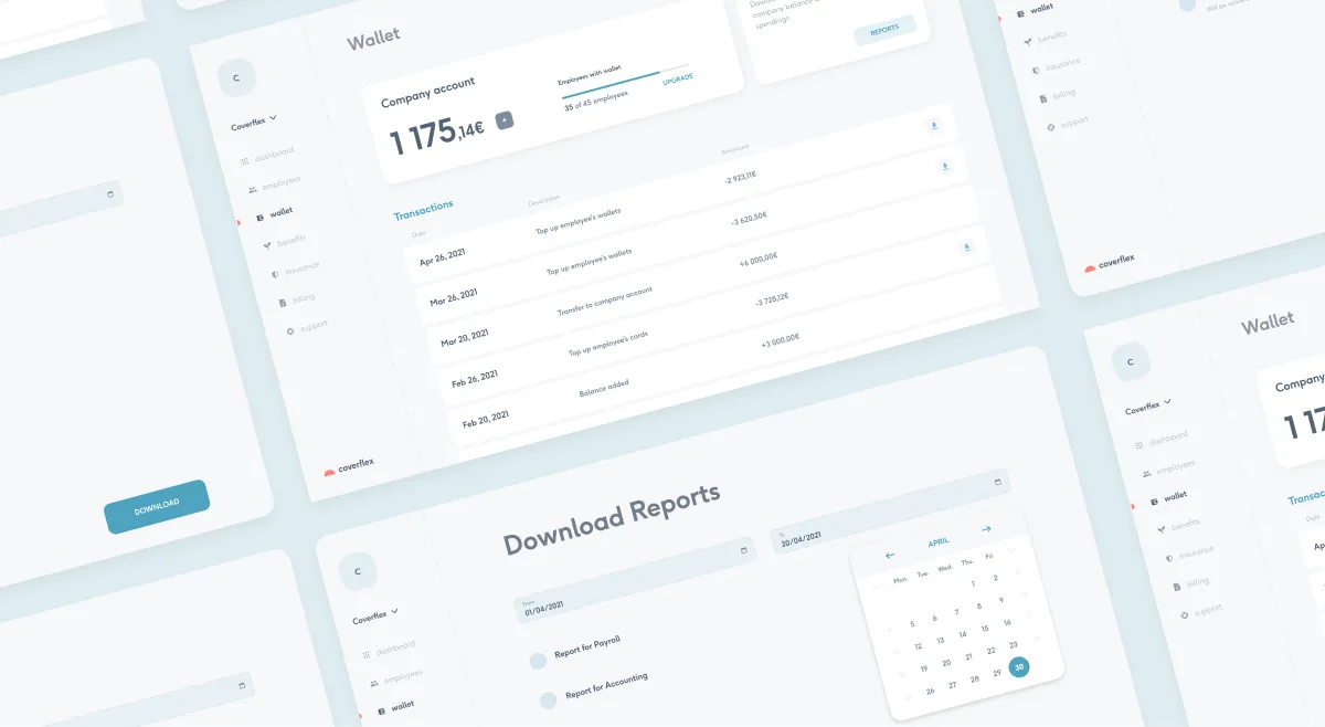 Coverflex Wallet screen displaying a company account balance of 1175.14 €, a table of dated transactions, and a Download Reports interface with date range selectors, payroll vs accounting report options, and a calendar picker
