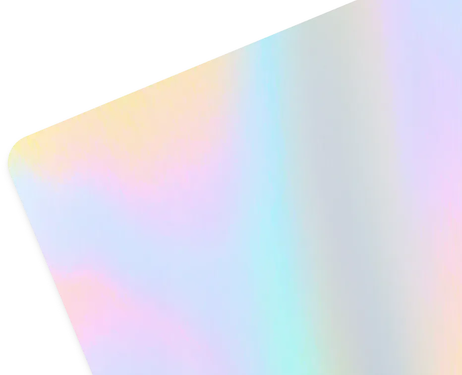Esquina de un dispositivo con acabado iridiscente que muestra colores pastel como rosa, azul y amarillo.